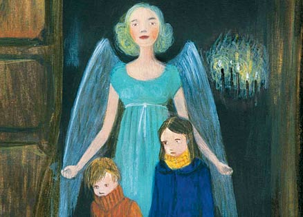 An artist's rendering of the children in the story, an angel watching over them.