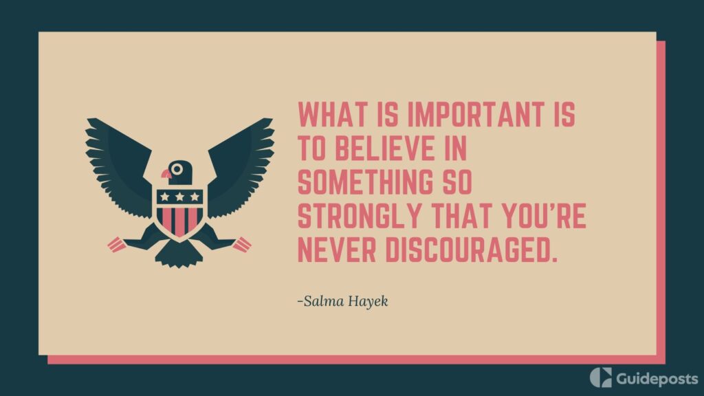 An American eagle graphic with a veterans day quote by Salma Hayek