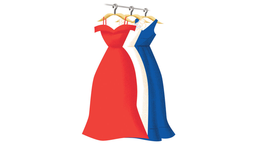 An artist's rendering of a trio of formal gowns--one red, one white and one blue