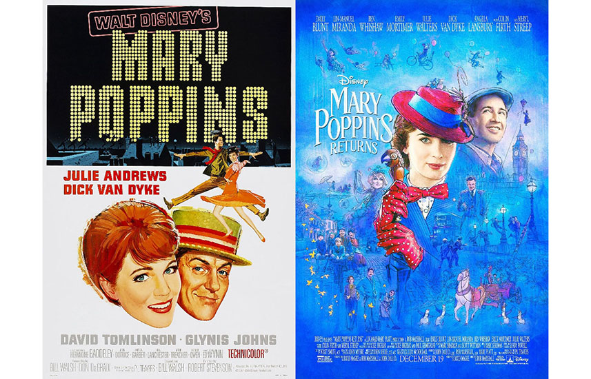 Film posters for Mary Poppins (1964) and Mary Poppins Returns (2018)