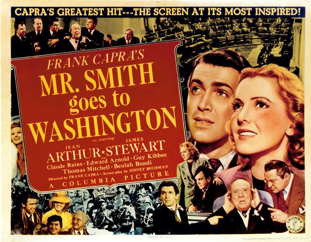 A 1939 movie poster for Mr. Smith Goes to Washington, featuring James Stewart and Jean Arthur