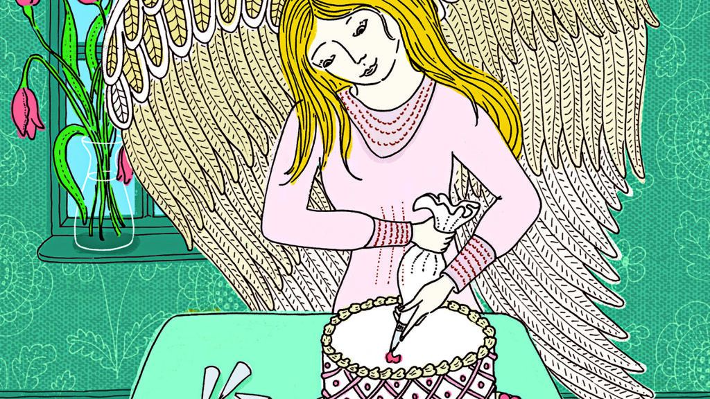An illustration of an angel decorating a cake