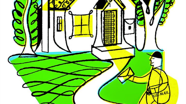 Illustration of a postman approaching a house