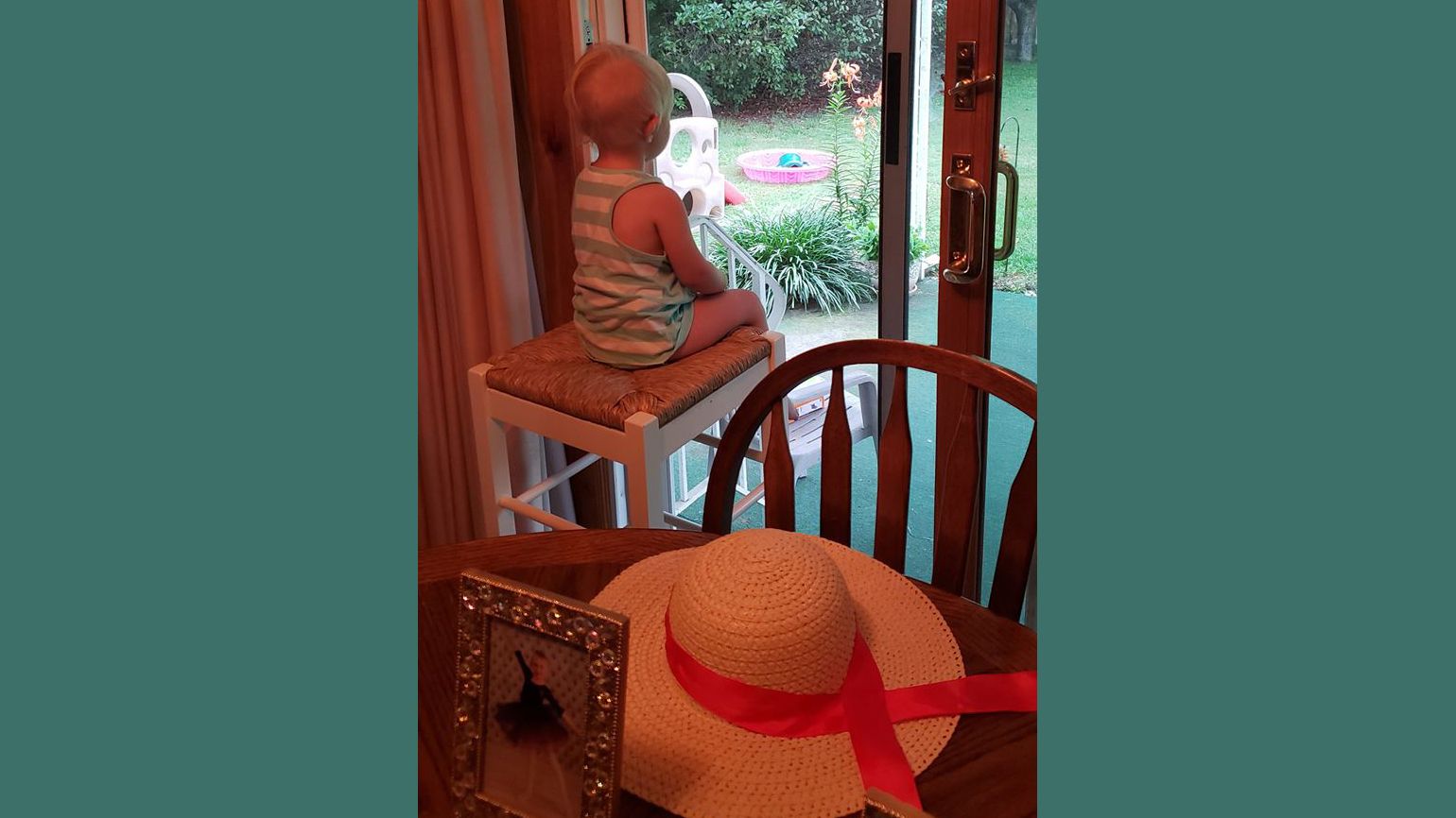 My youngest granddaughter, Anna, looks out the patio into the spring flowers.
