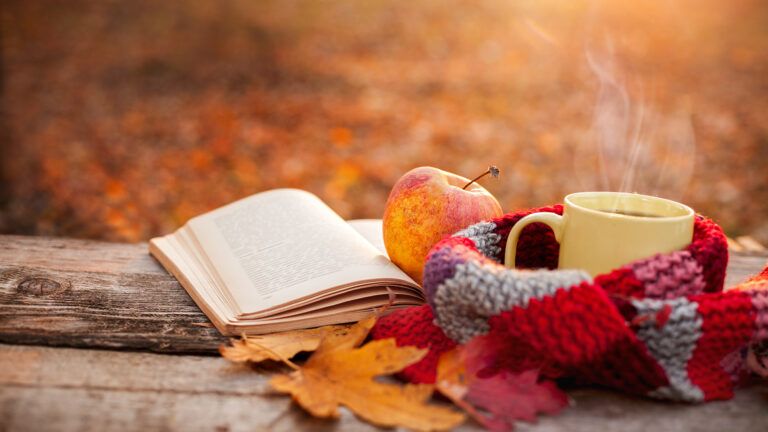 A Bible, an apple, a woolen scarf and a cut of hot chocolate